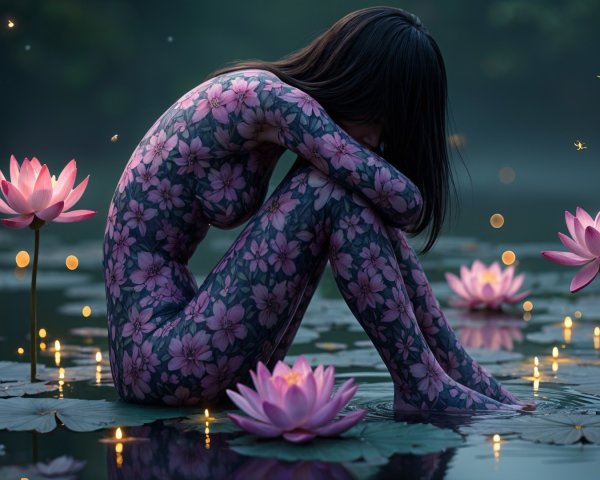 Tranquil Pond Scene with Floral Body Art and Lotus Blossoms