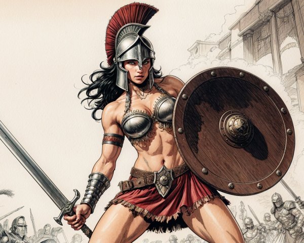 Fierce Warrior Woman in Traditional Armor and Setting