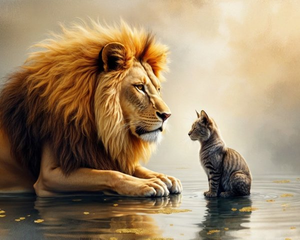 Lion and Kitten in Serene Reflection by Water