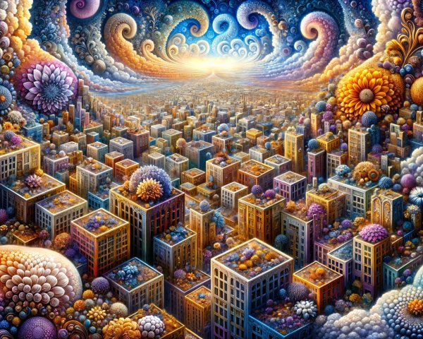 Vibrant Cityscape with Floral Patterns and Cosmic Sky