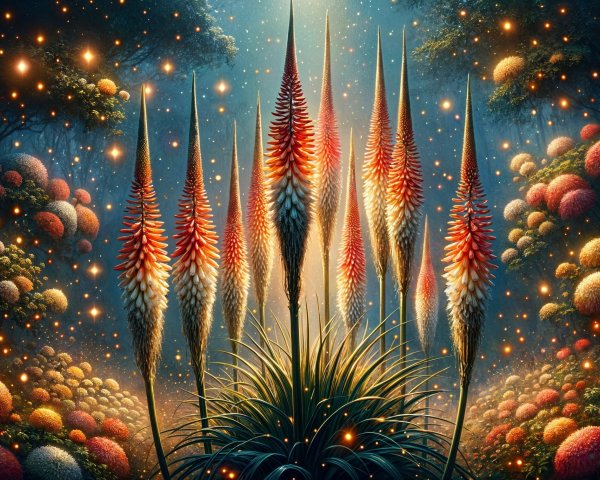 Flame-like flowers in a vibrant, dreamlike landscape