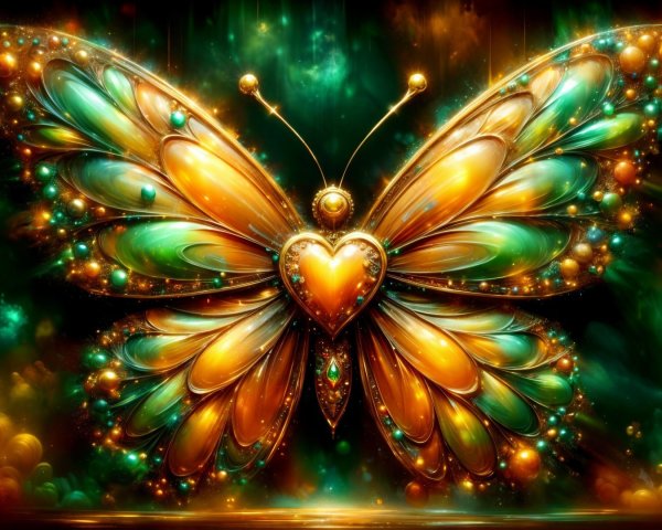 Ornate butterfly with jewel-toned wings and heart