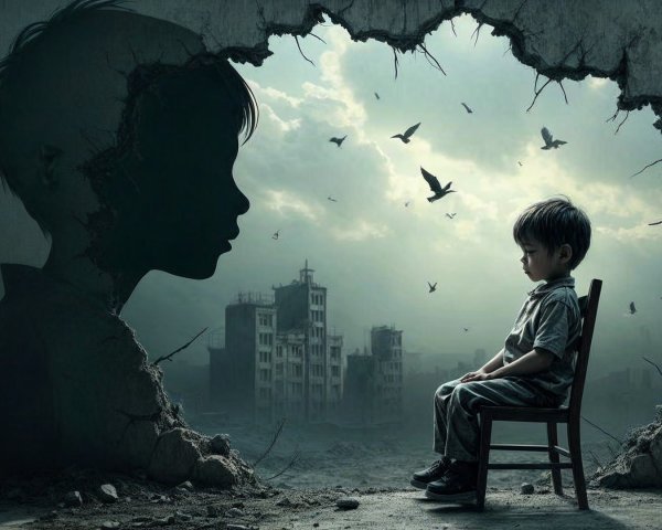 Young boy gazing at desolate landscape and ruins