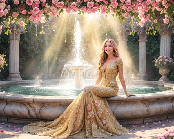 Elegant woman in gold gown by ornate fountain