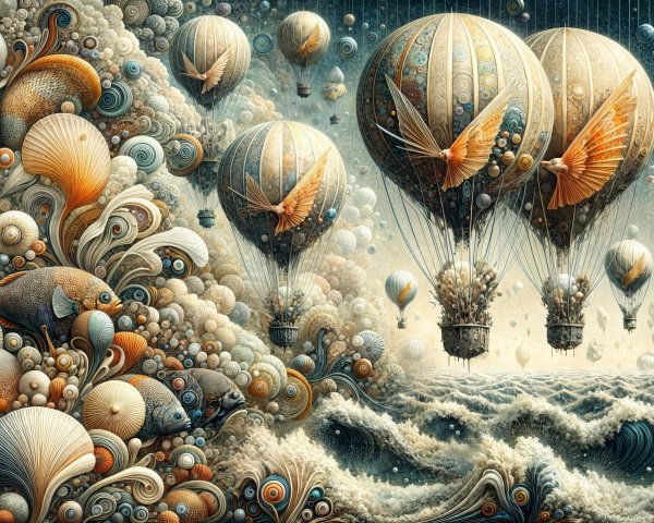 Surreal Landscape with Hot Air Balloons and Sea Elements