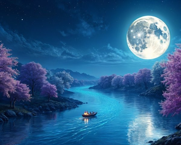Serene River Under Full Moon with Cherry Blossoms