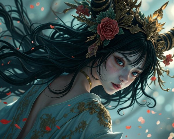 Figure with Black Hair, Golden Horns, and Roses