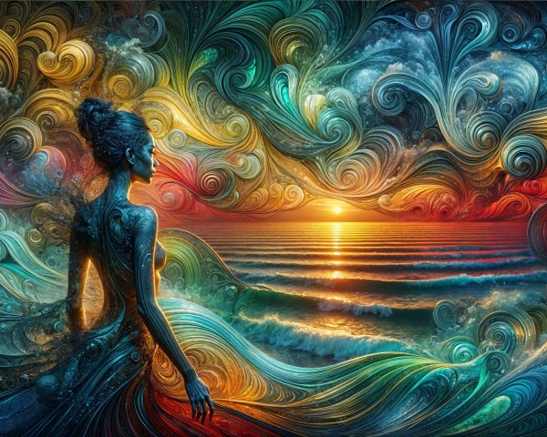 Colorful Figure Gazing at Vibrant Ocean Sunset