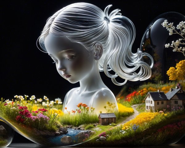 Translucent Figure in Whimsical Landscape Art