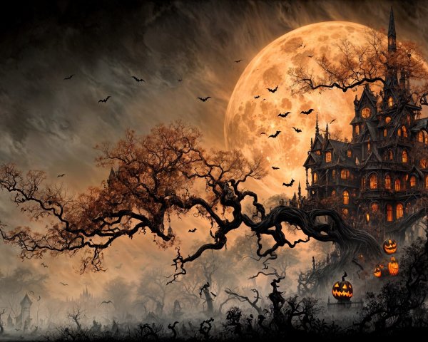 Haunted House in Dark Halloween Landscape with Moon