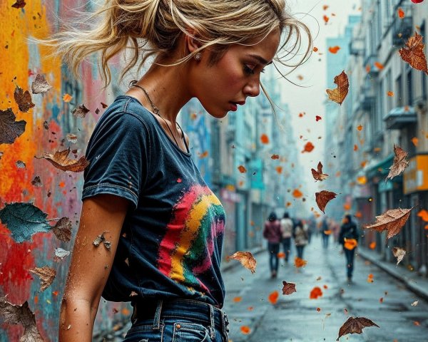 Young Woman in Colorful Urban Alley with Graffiti