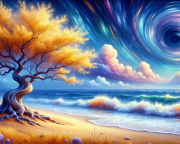 Surreal Landscape with Twisted Tree and Twilight Beach