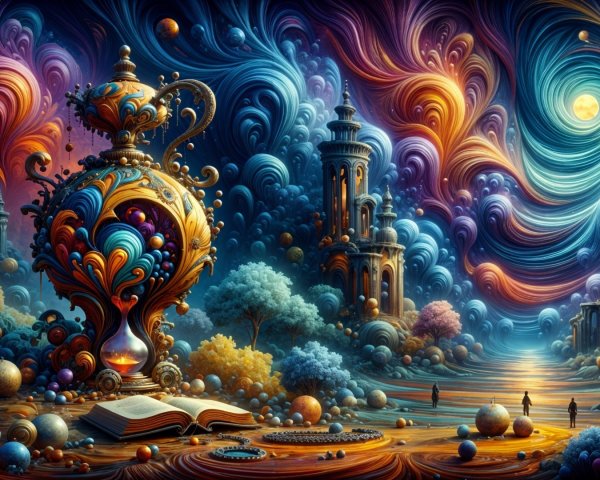 Surreal Landscape with Colorful Clouds and Hourglass