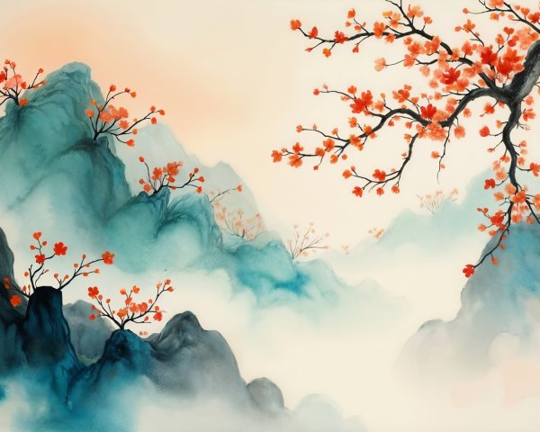 Serene Landscape with Misty Mountains and Cherry Blossoms