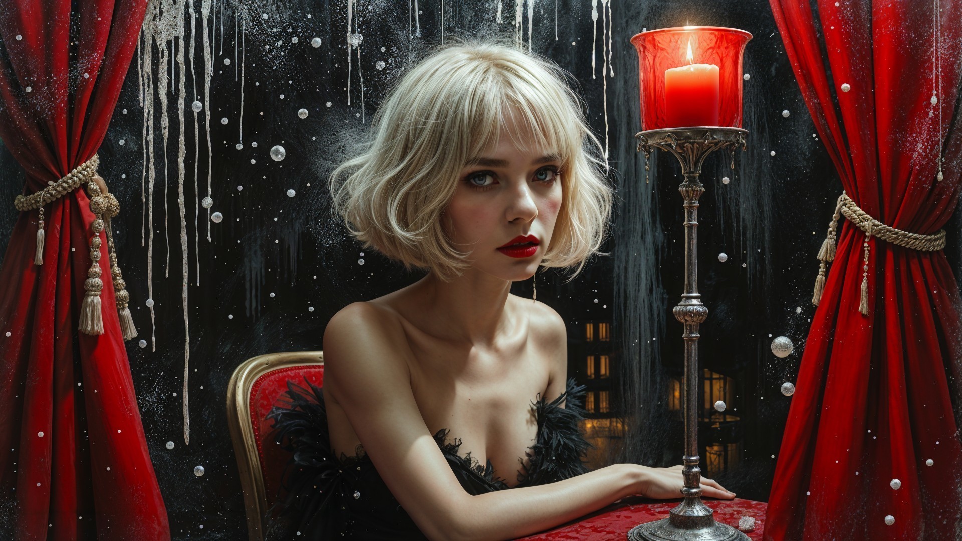 Elegant Young Woman at Ornate Table in Dark Setting