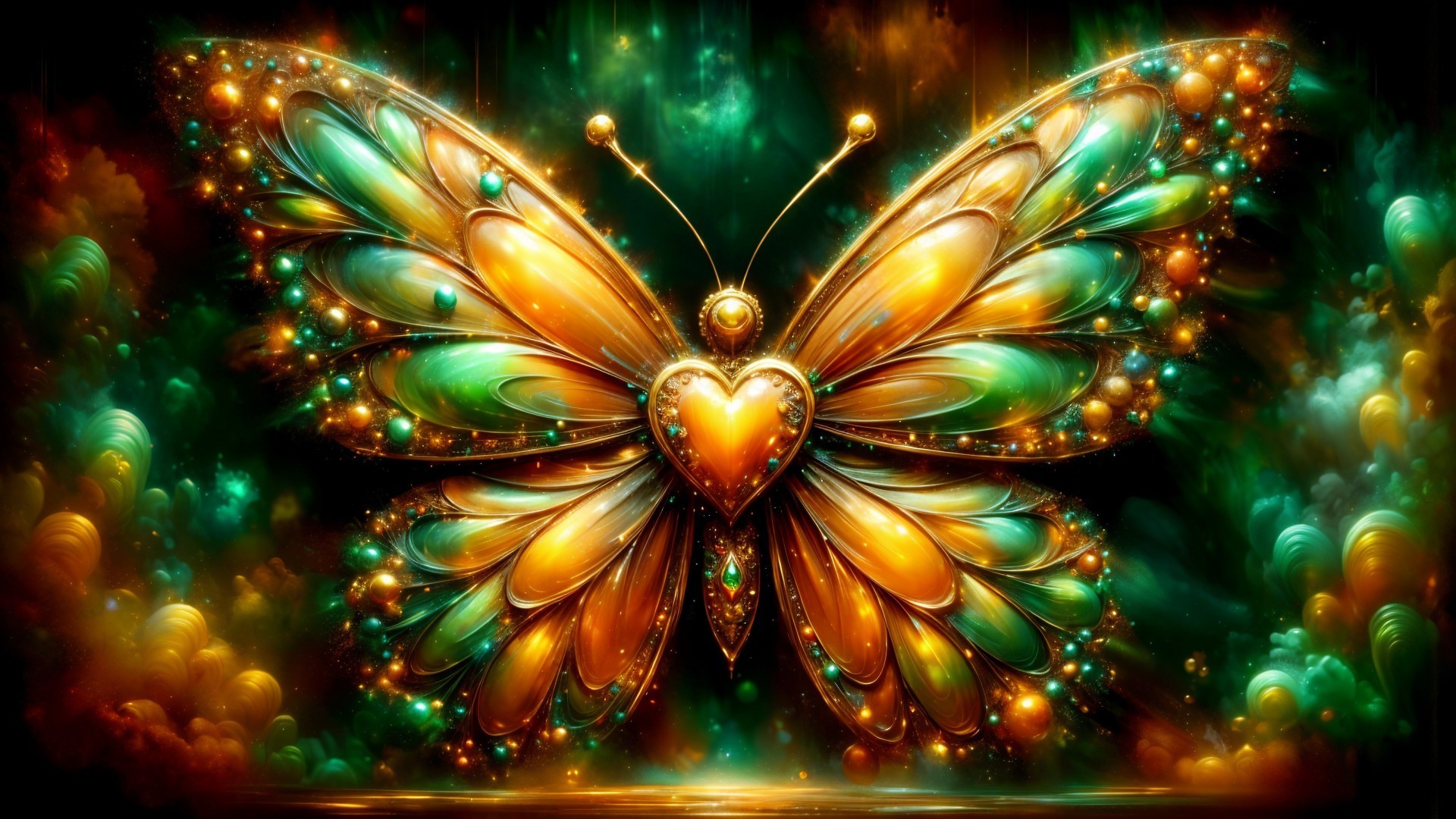Ornate butterfly with jewel-toned wings and heart