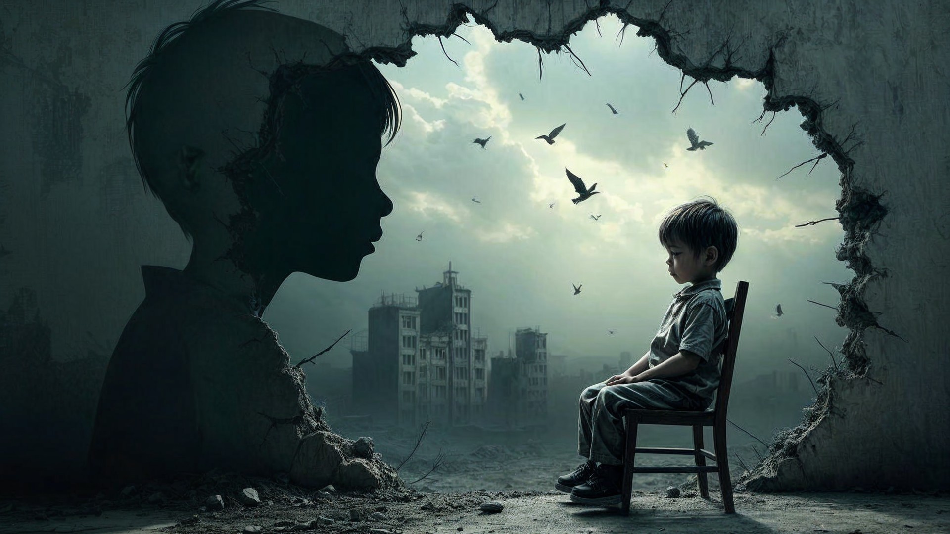 Young boy gazing at desolate landscape and ruins