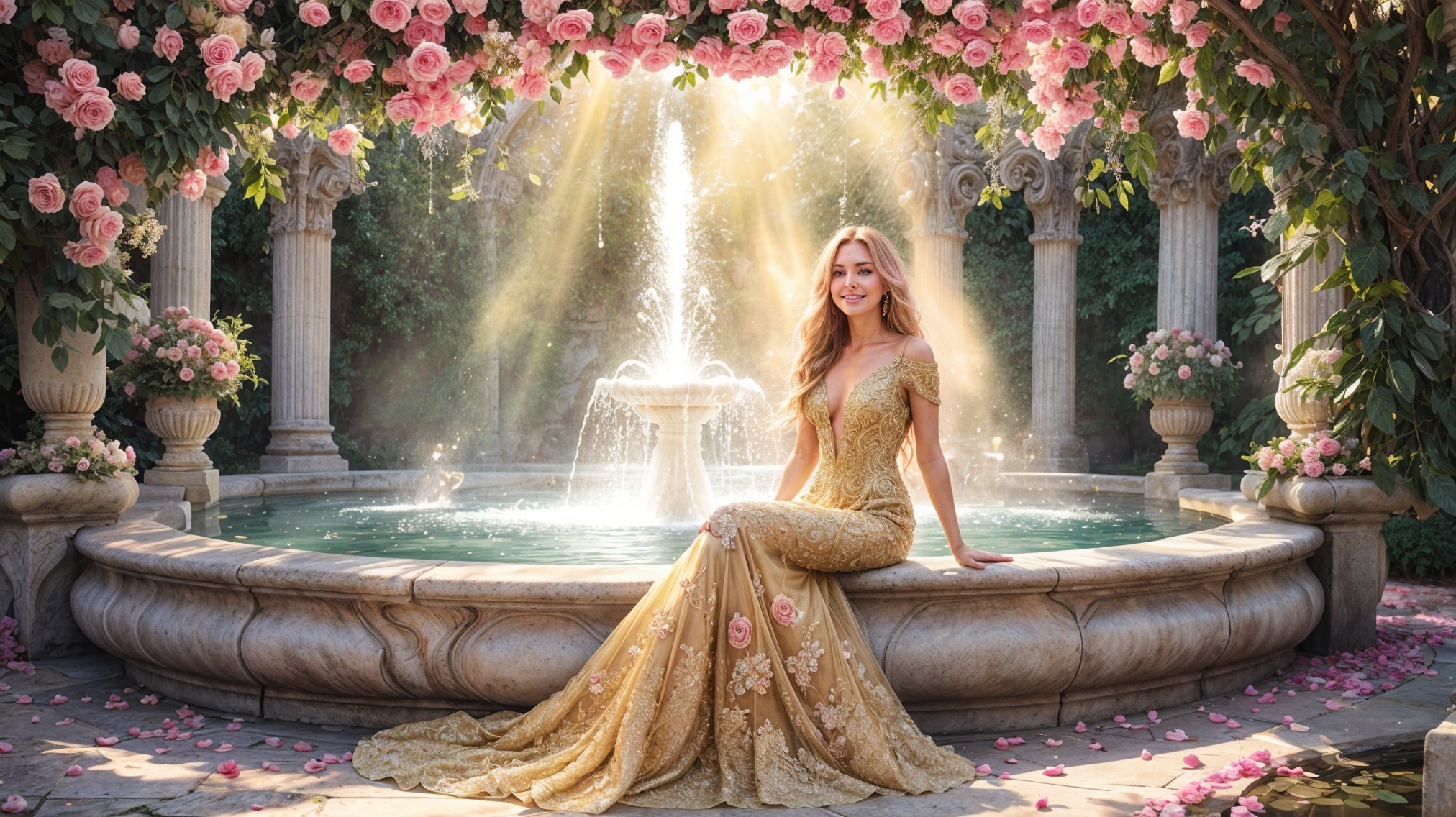 Elegant woman in gold gown by ornate fountain