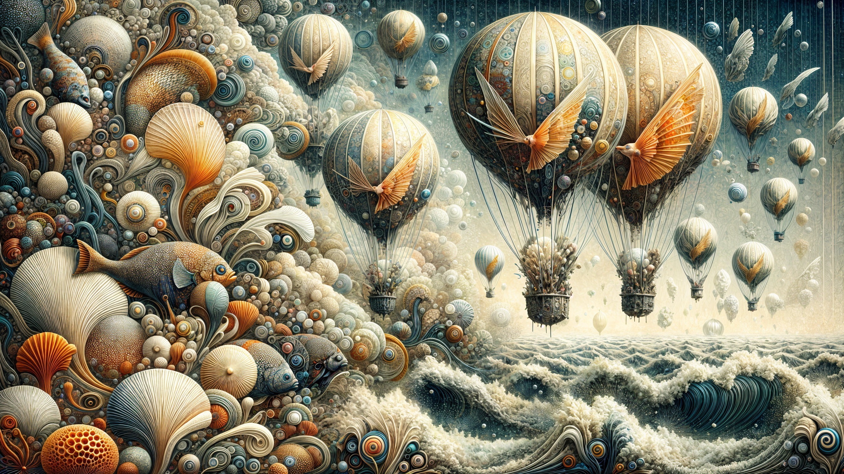 Surreal Landscape with Hot Air Balloons and Sea Elements