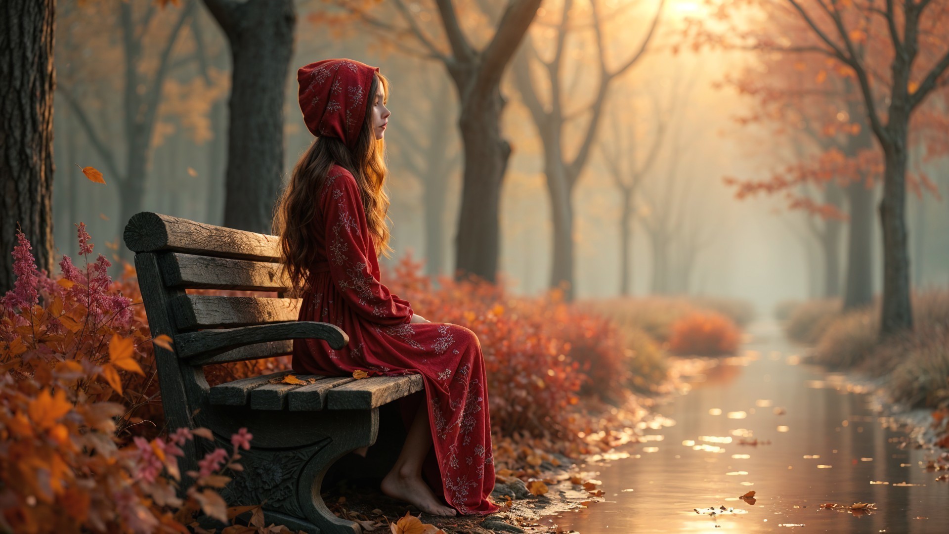 Serene Autumn Scene with Woman by Gentle Stream