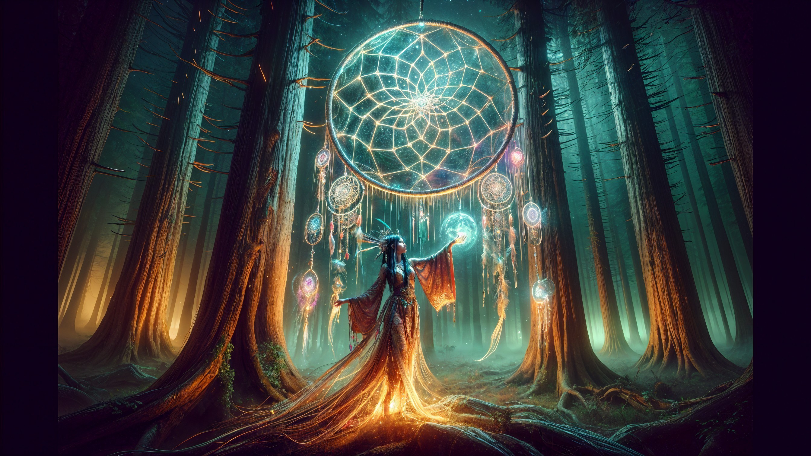 Mystical Forest Scene with Luminous Figure and Dreamcatcher