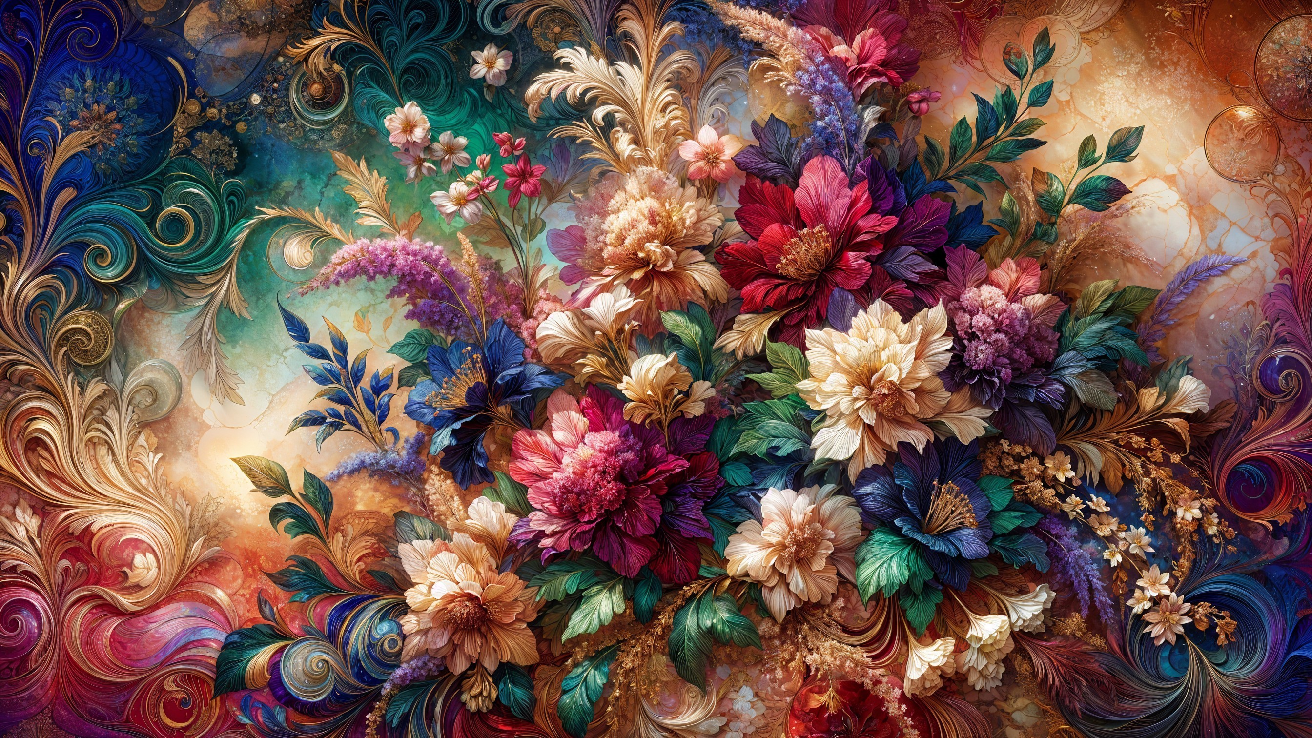 Intricate Floral Arrangement with Vibrant Colors and Textures