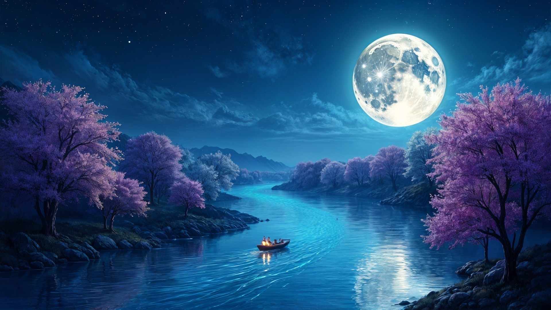 Serene River Under Full Moon with Cherry Blossoms