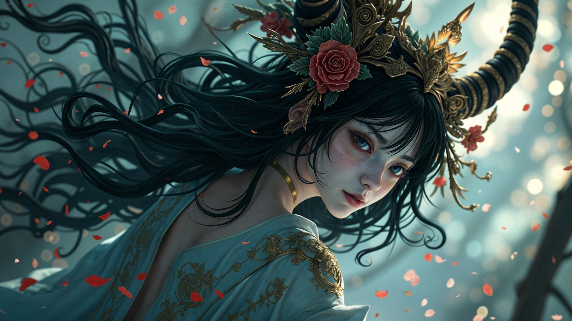 Figure with Black Hair, Golden Horns, and Roses