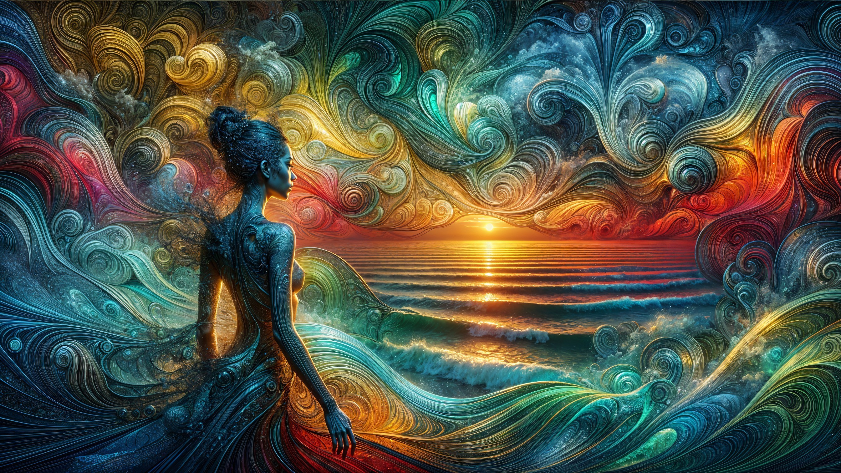 Colorful Figure Gazing at Vibrant Ocean Sunset
