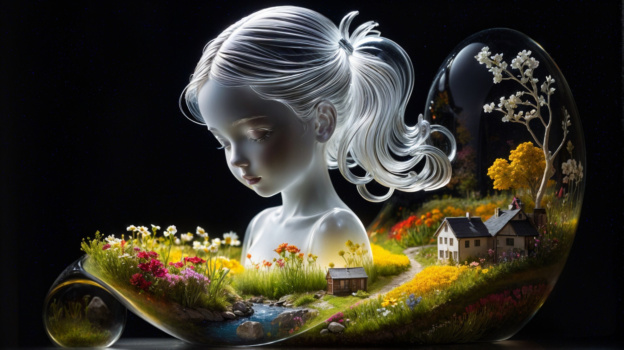 Translucent Figure in Whimsical Landscape Art