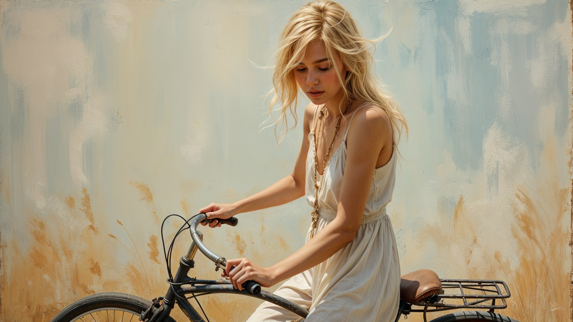 Young Woman in White Dress on Vintage Bicycle