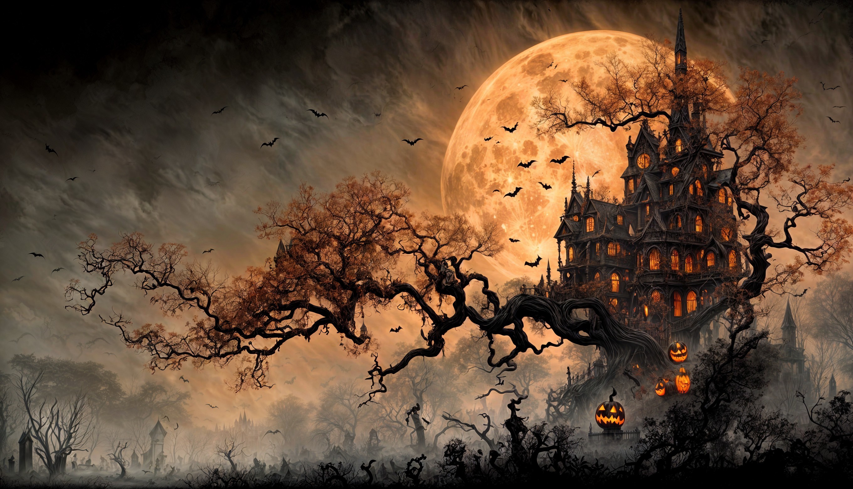 Haunted House in Dark Halloween Landscape with Moon