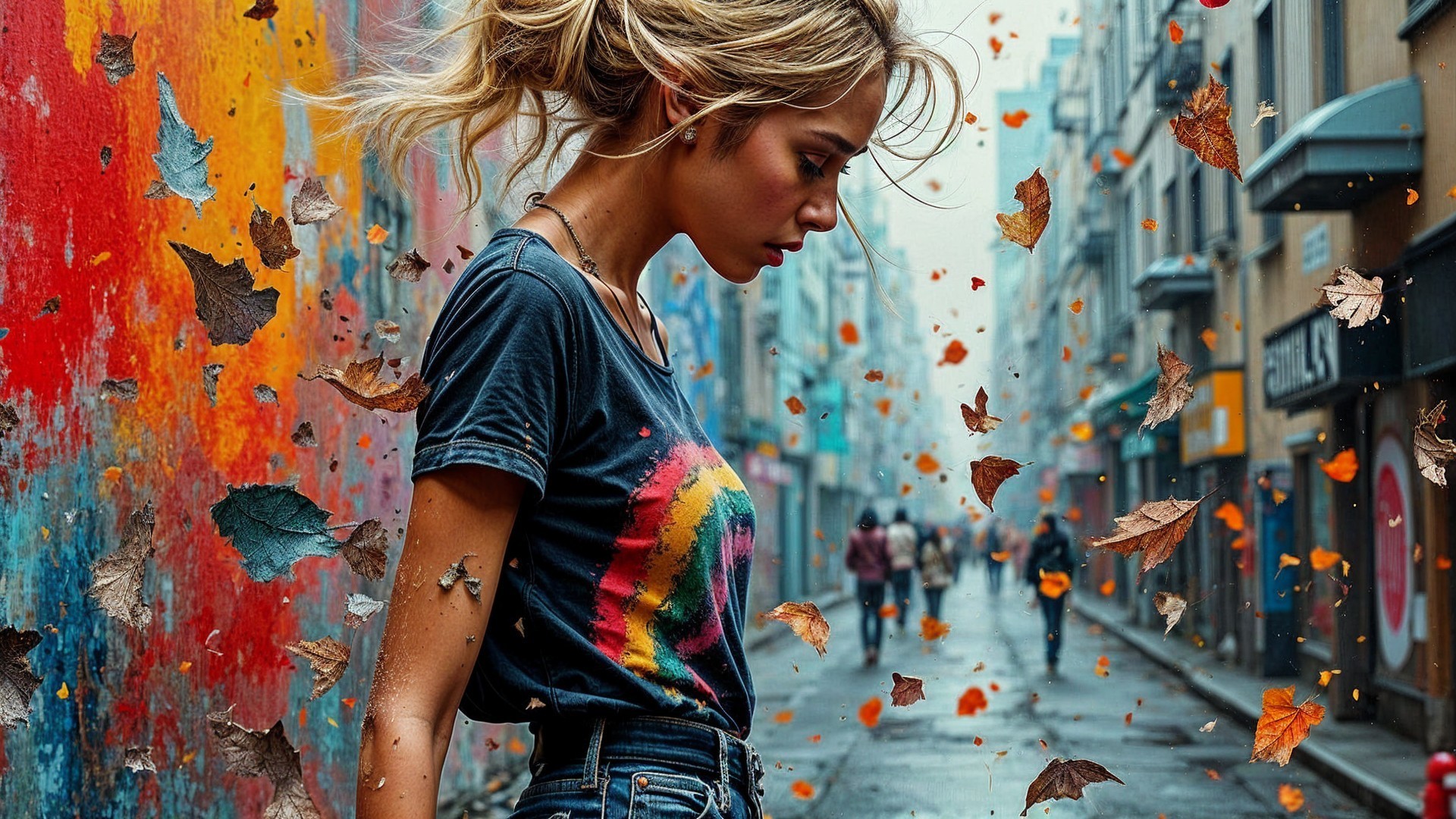 Young Woman in Colorful Urban Alley with Graffiti