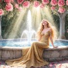 Elegant woman in gold gown by ornate fountain
