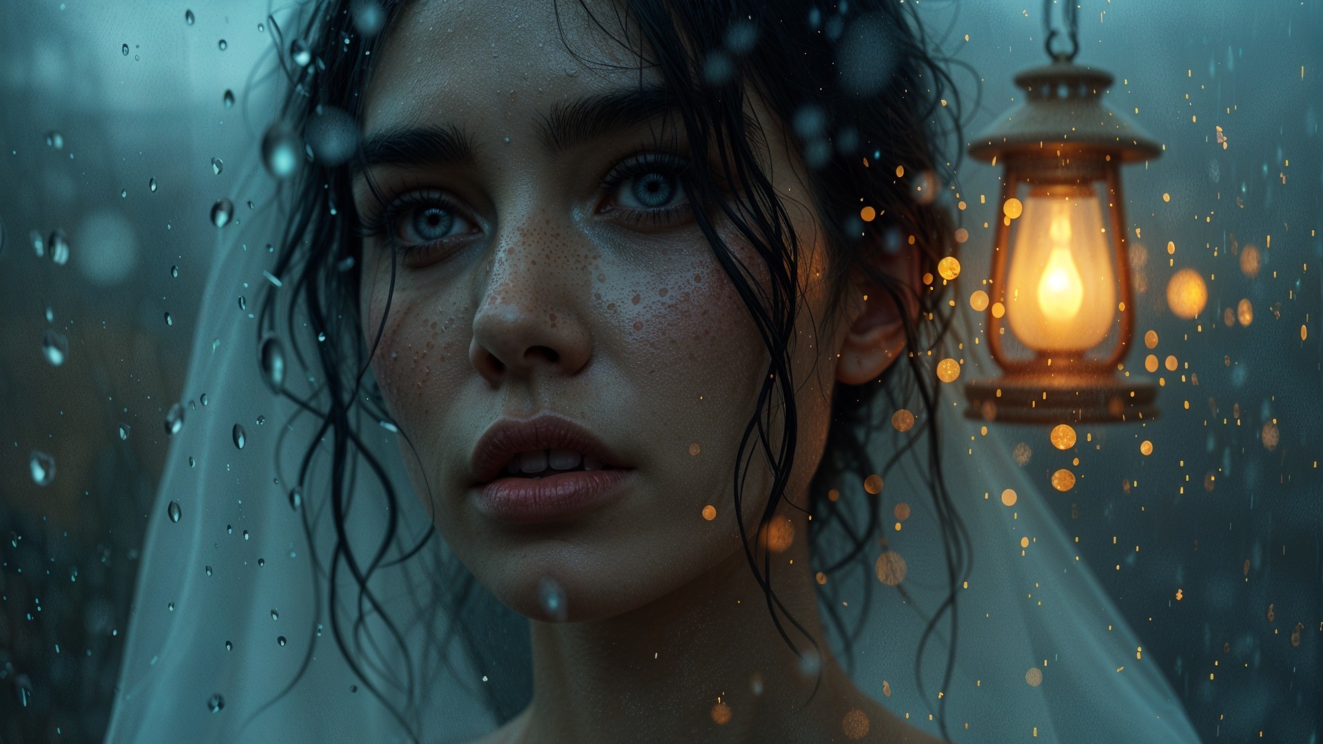 Close-Up Portrait of a Bride in Rainy Atmosphere