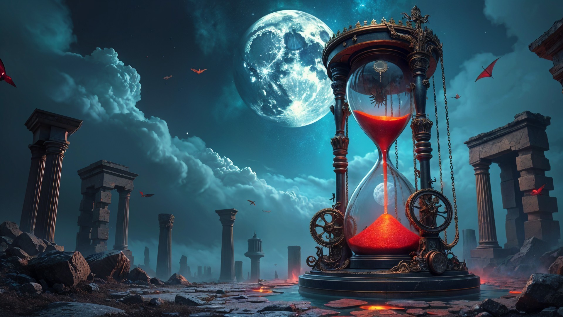 Ornate hourglass in a mystical landscape with creatures