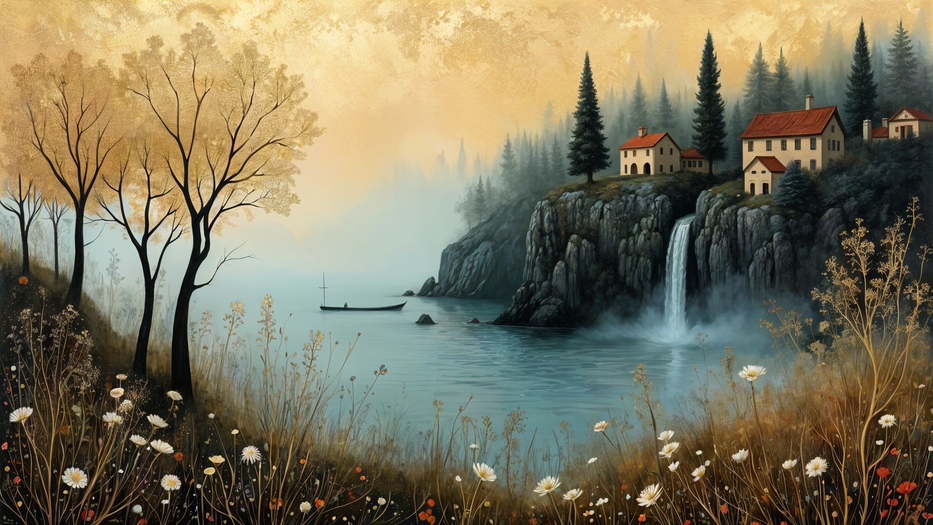 Tranquil Lake Scene with Misty Mountains and Autumn Colors