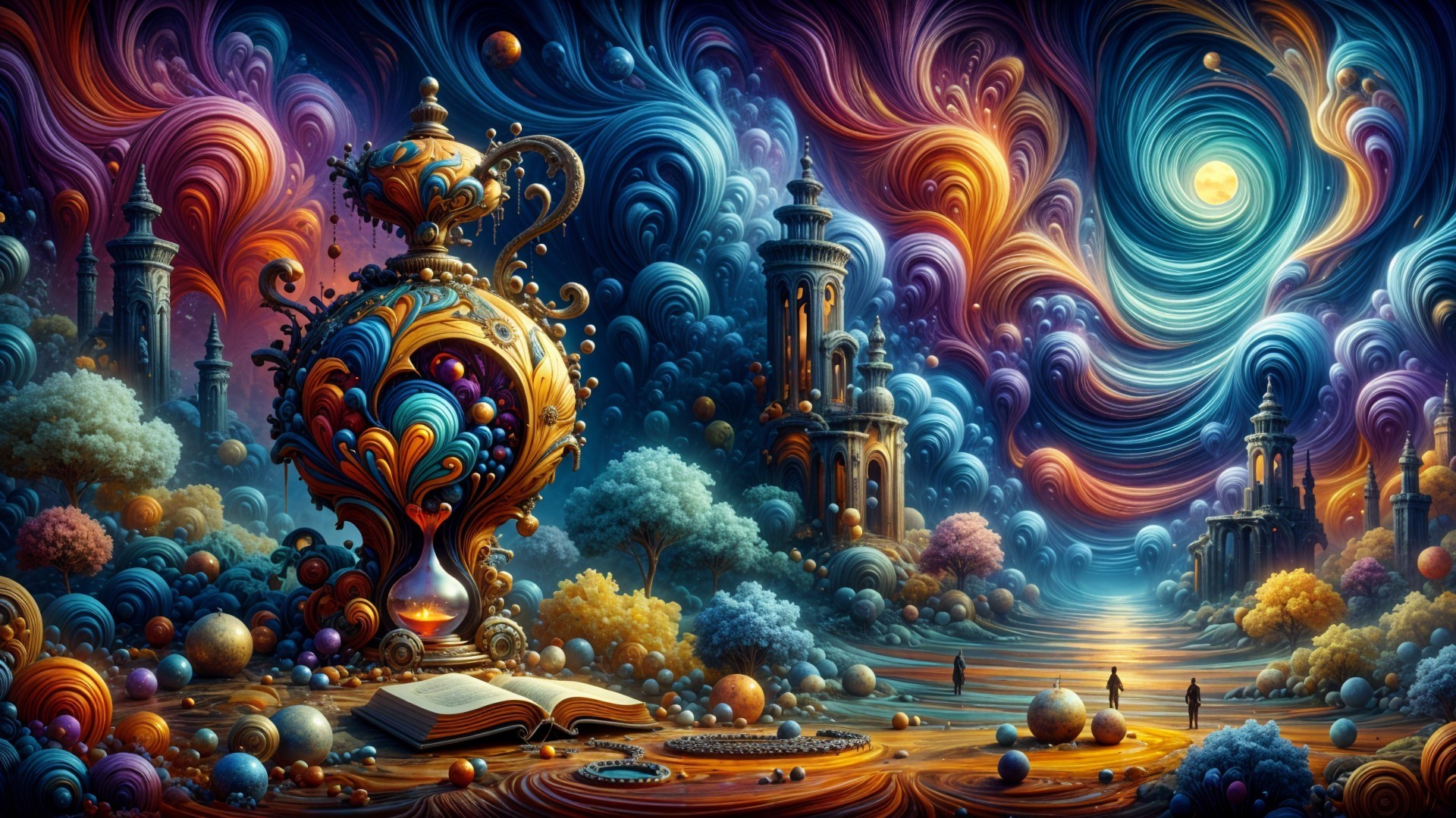 Surreal Landscape with Colorful Clouds and Hourglass