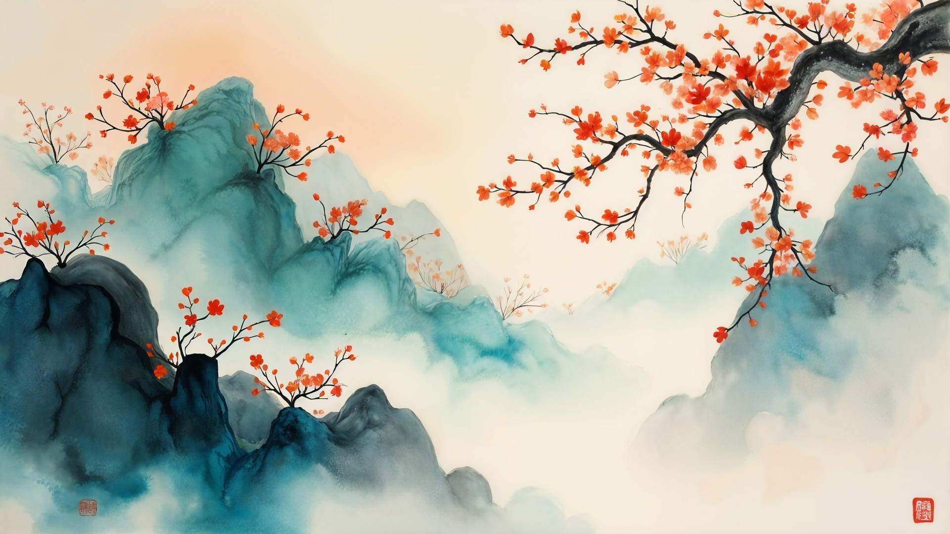 Serene Landscape with Misty Mountains and Cherry Blossoms