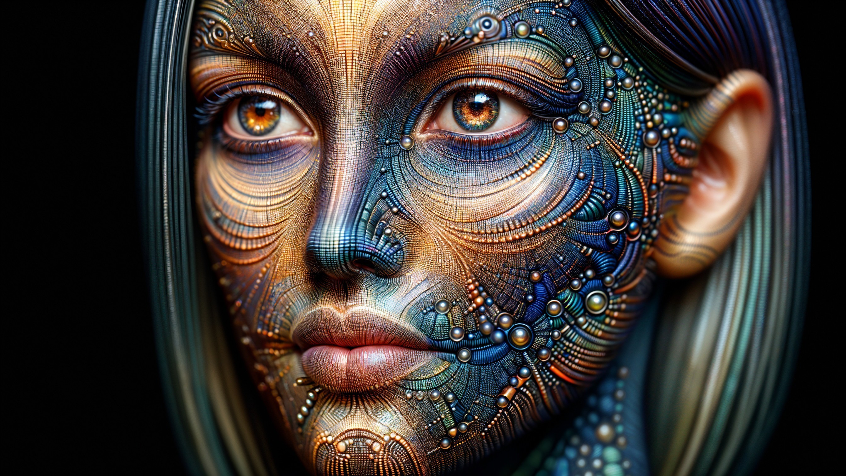 Stylized Female Face with Circuit Patterns and Colors