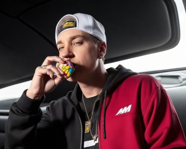 Red Hoodie Person Holding Rubik's Cube in Car Background