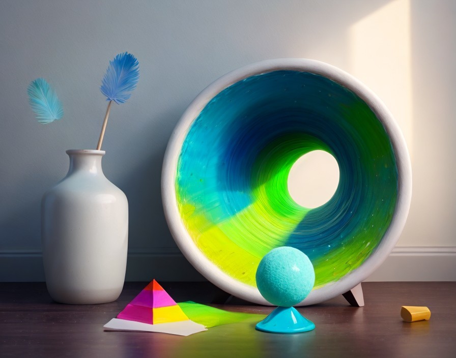 Colorful Round Speaker with Blue Sphere, White Vase, Feathers, Pyramid, and Rectangle on