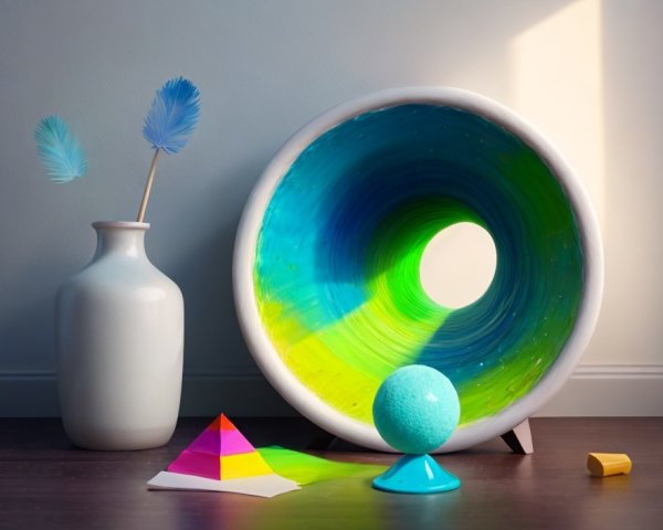 Colorful Round Speaker with Blue Sphere, White Vase, Feathers, Pyramid, and Rectangle on