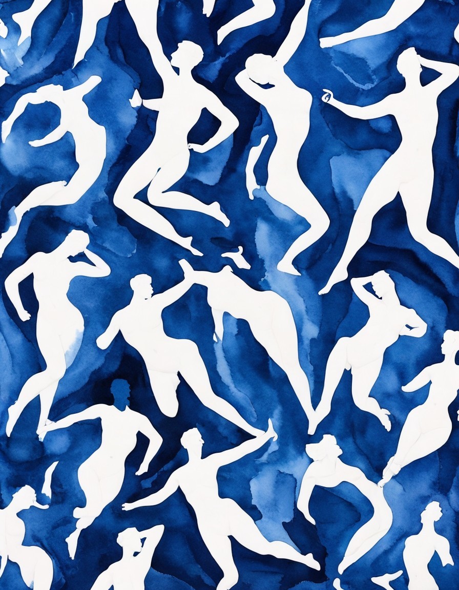 Abstract Watercolor Artwork: White Dancing Figures on Blue Background