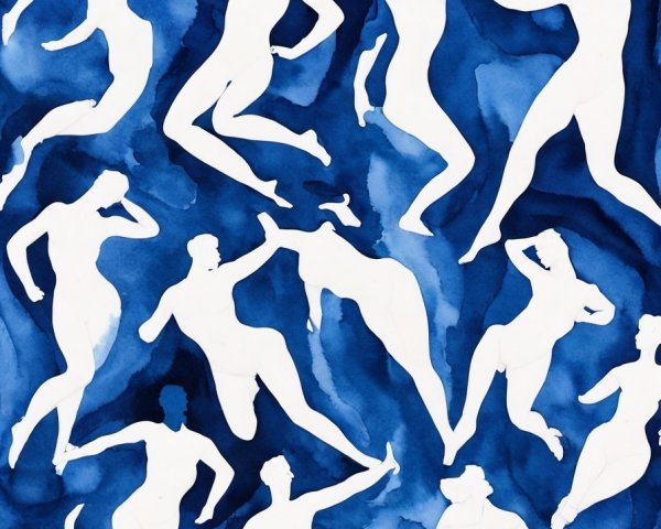 Abstract Watercolor Artwork: White Dancing Figures on Blue Background