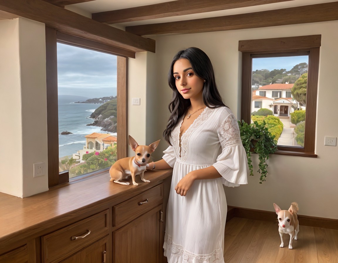 Woman in white dress with two small dogs in coastal room