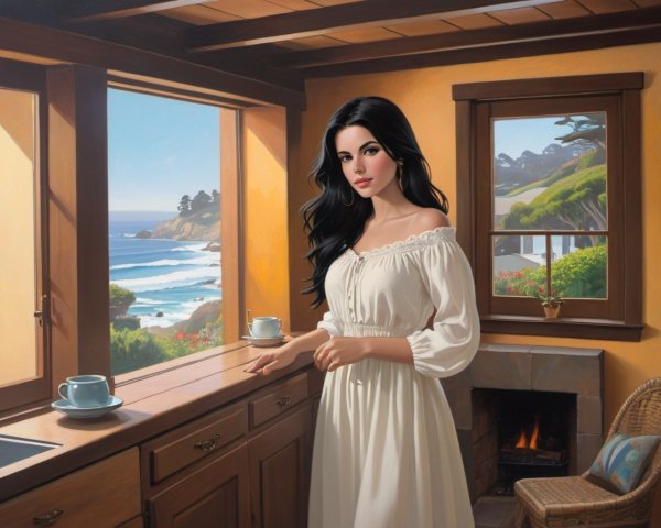 Woman in white dress at wooden table with teacup, ocean view, and fireplace