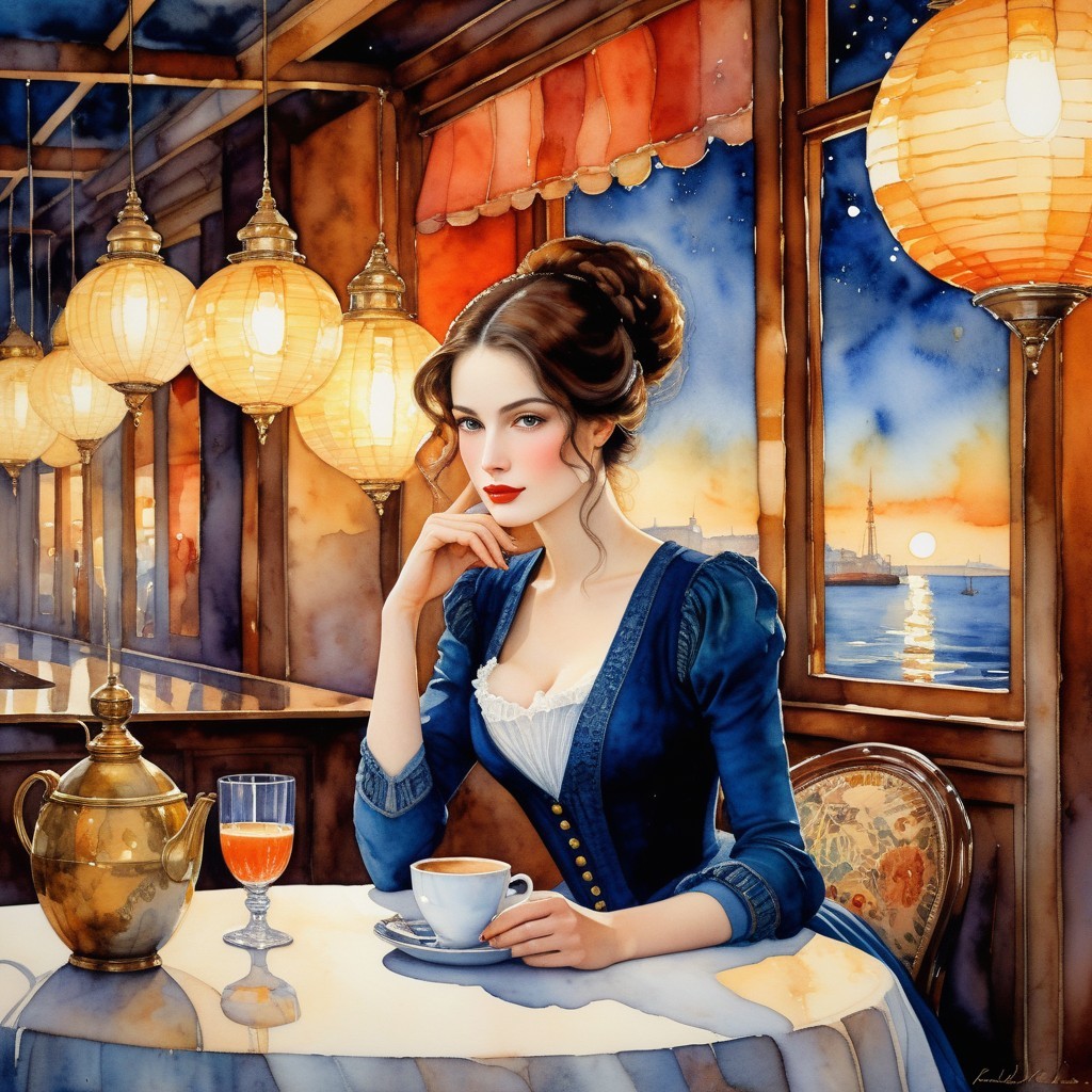 Elegant Woman in Café at Sunset with Lanterns