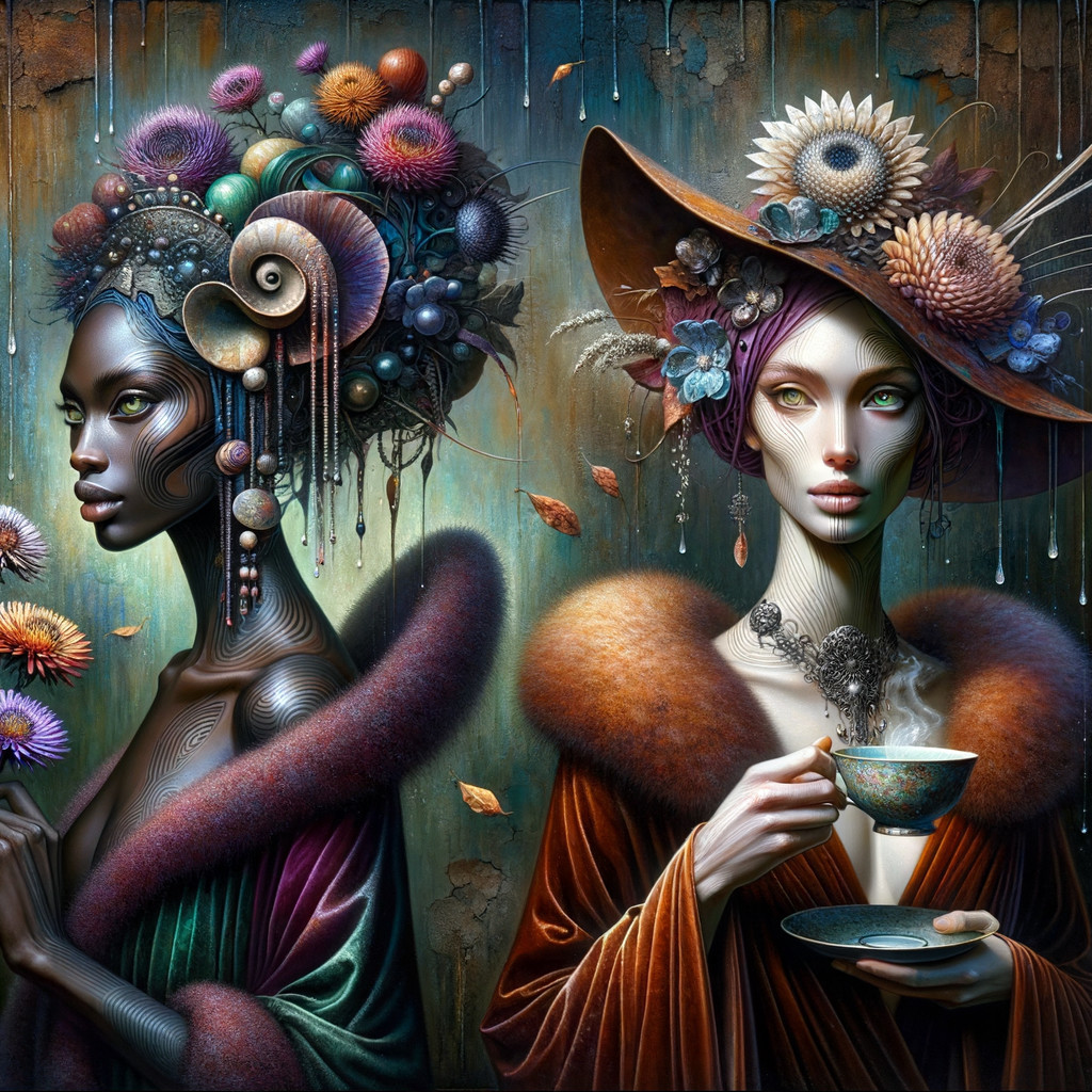 Elegant Women with Floral Headpiece and Hat