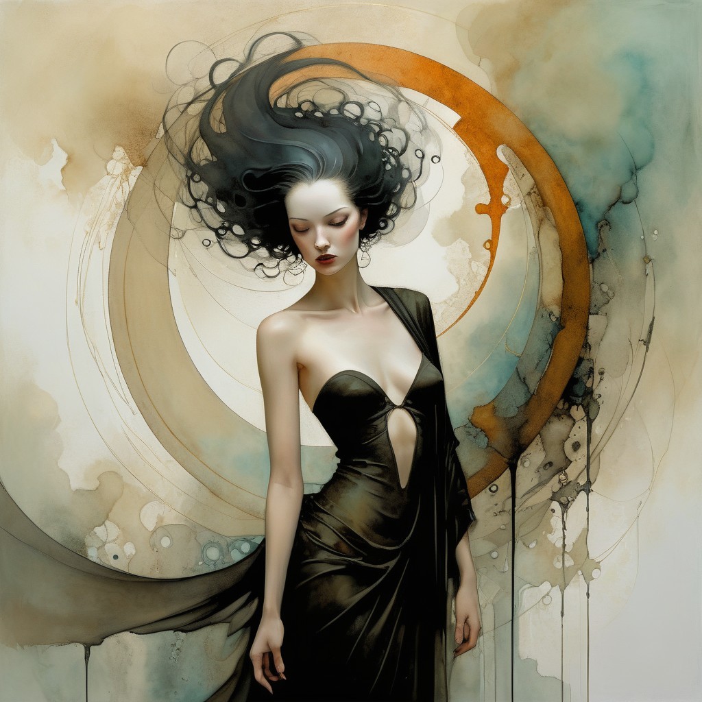 Ethereal Woman in Black Gown Against Abstract Background